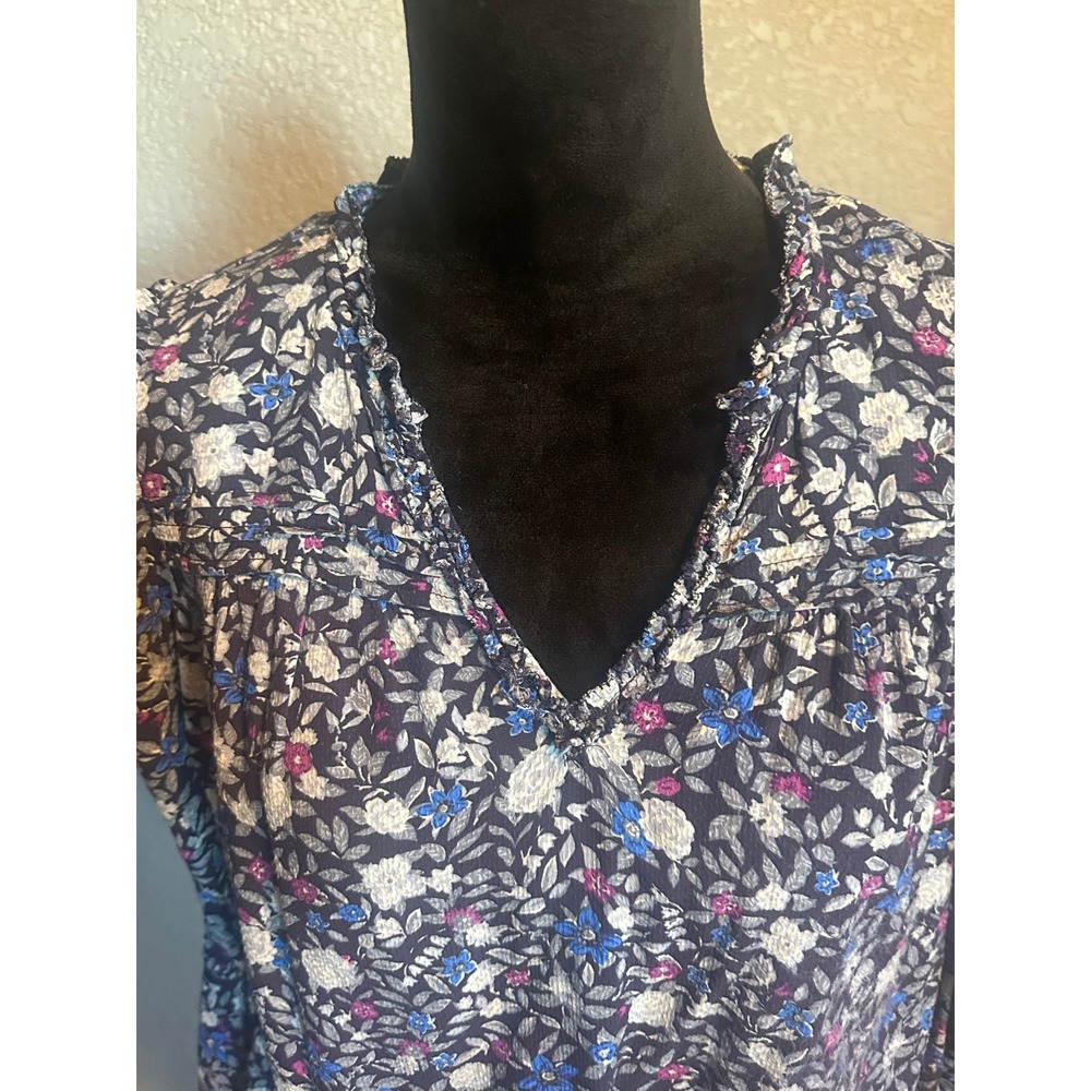 Democracy Womens Floral V-Neck Ruffle Blouse Blue 3/4 Sleeve Top L Cottagecore - Picture 5 of 16